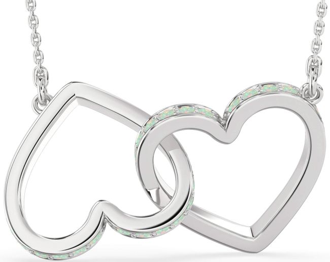 Large Opal Silver Heart Interlock Necklace