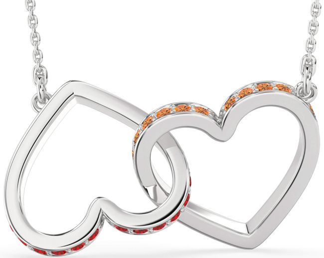 Large Ruby & Citrine Silver Heart Interlock Necklace