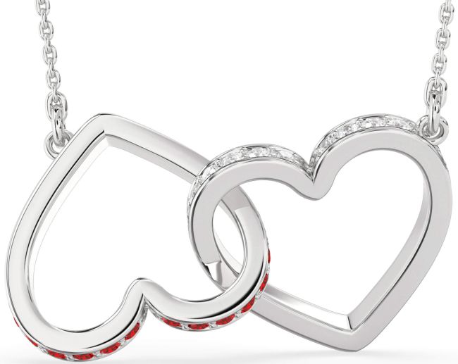 Large Diamond & Ruby Silver Heart Interlock Necklace