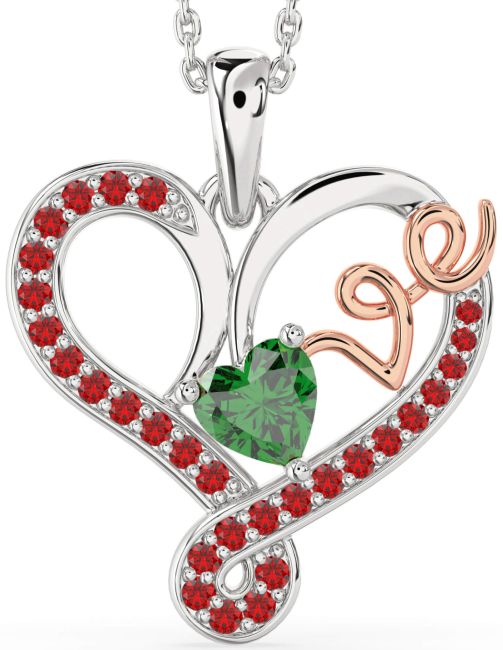 Emerald & Ruby White Rose Gold Heart Necklace