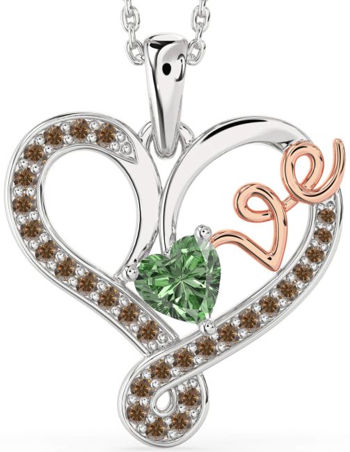 Green & Chocolate Brown Diamond Platinum & Rose Gold Heart Necklace