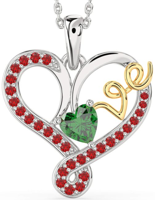 Emerald & Ruby Gold Silver Heart Necklace