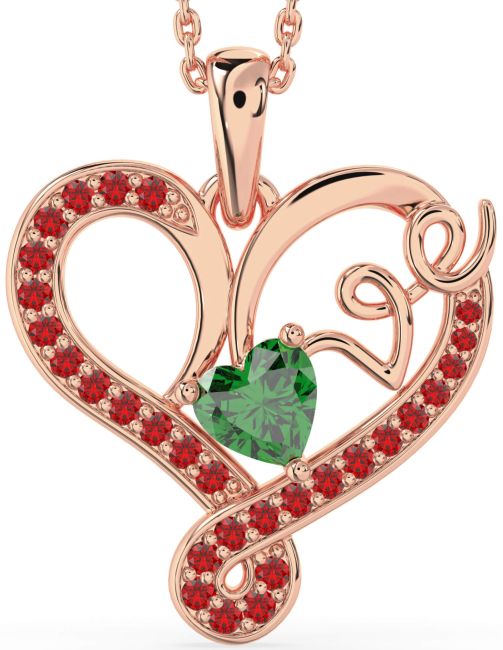 Emerald & Ruby Rose Gold Heart Necklace