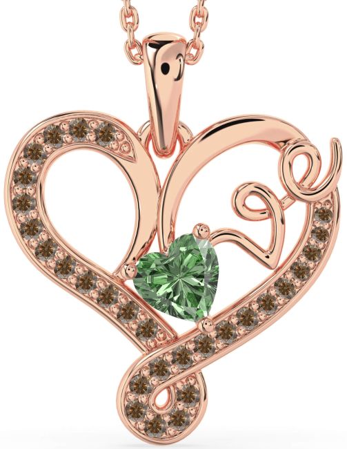 Green & Chocolate Brown Diamond Rose Gold Heart Necklace