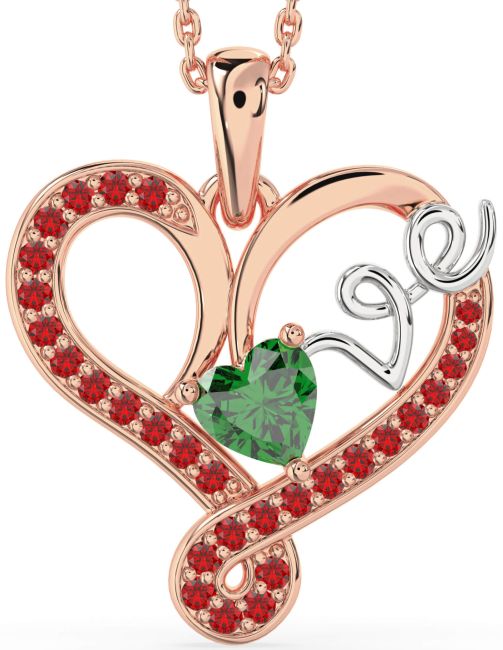 Emerald & Ruby Rose Gold Silver Heart Necklace