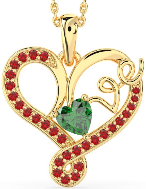 Emerald & Ruby Gold Heart Necklace