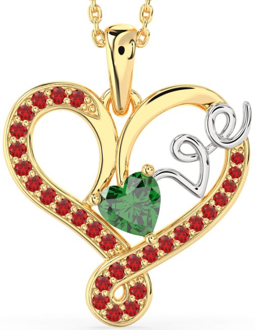 Emerald & Ruby Gold Silver Heart Necklace