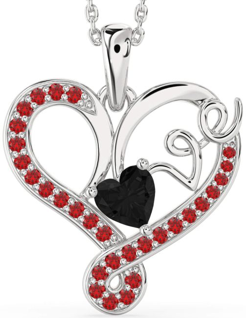 Black Diamond & Ruby Silver Heart Necklace
