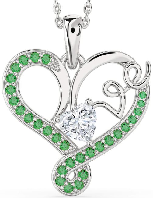 Emerald & Diamond Silver Heart Necklace