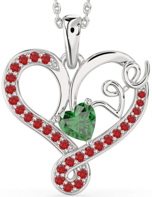 Emerald & Ruby Silver Heart Necklace