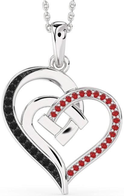 Black Diamond & Ruby Silver Heart Necklace
