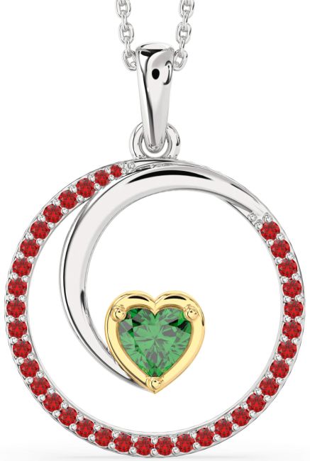 Large Emerald & Ruby Gold Silver Heart Circle Necklace