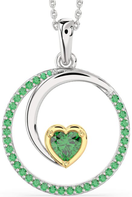 Large Emerald Gold Silver Heart Circle Necklace