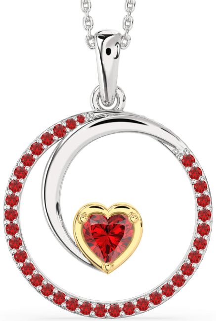 Large Ruby Gold Silver Heart Circle Necklace