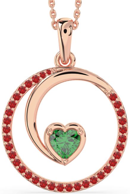 Large Emerald & Ruby Rose Gold Silver Heart Circle Necklace