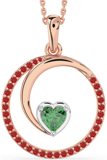 Large Emerald & Ruby Rose Gold Silver Heart Circle Necklace