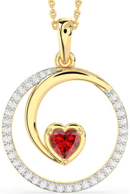 Large Diamond & Ruby Gold Heart Circle Necklace
