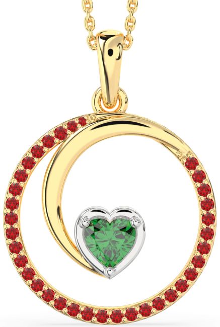 Large Emerald & Ruby Gold Silver Heart Circle Necklace