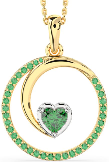 Large Emerald Gold Silver Heart Circle Necklace