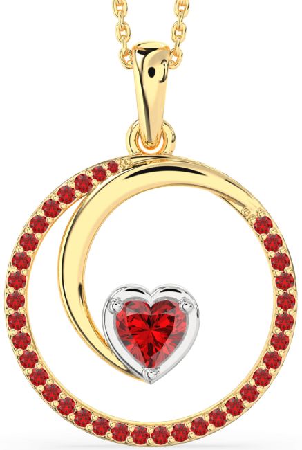 Large Ruby Gold Silver Heart Circle Necklace