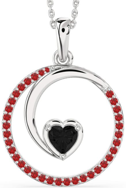 Large Black Diamond & Ruby Silver Heart Circle Necklace