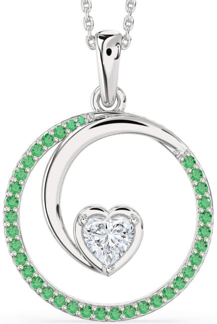 Large Emerald & Diamond Silver Heart Circle Necklace