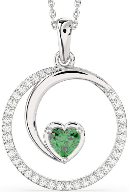 Large Diamond & Emerald Platinum Heart Circle Necklace