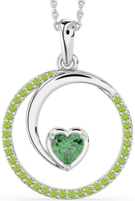 Large Emerald & Peridot Silver Heart Circle Necklace
