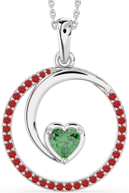 Large Emerald & Ruby Silver Heart Circle Necklace