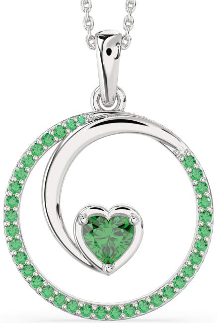 Large Emerald Silver Heart Circle Necklace