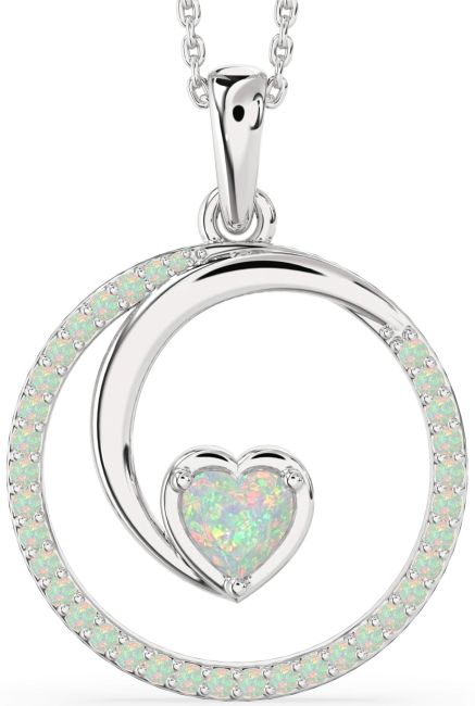 Large Opal Silver Heart Circle Necklace