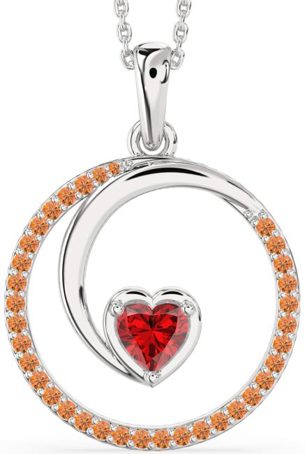 Large Ruby & Citrine Silver Heart Circle Necklace