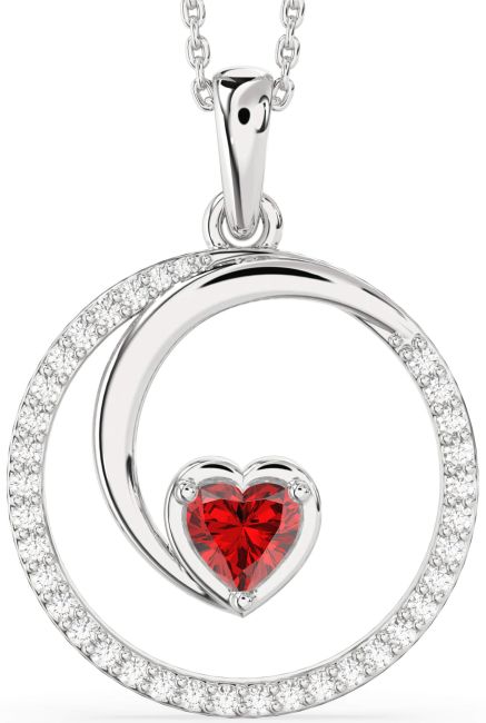 Large Diamond & Ruby Silver Heart Circle Necklace
