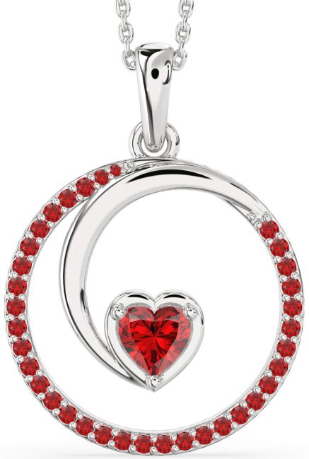 Large Ruby Silver Heart Circle Necklace