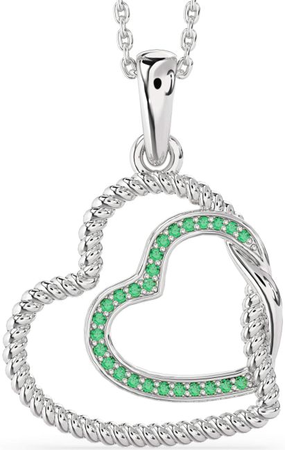 Emerald Silver Heart Knot Necklace