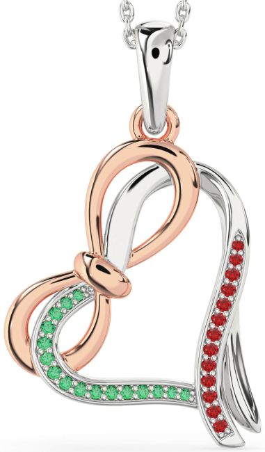 Emerald & Ruby Rose Gold Silver Heart Infinity Bow Necklace