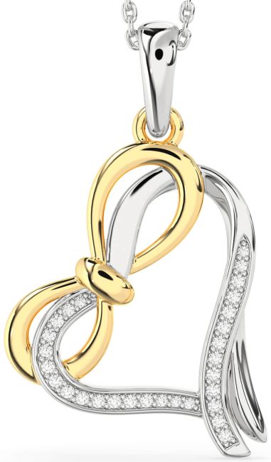 Diamond White Yellow Gold Heart Infinity Bow Necklace