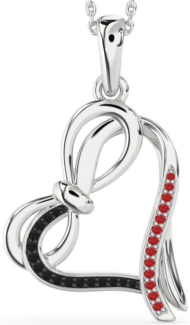 Black Diamond & Ruby Silver Heart Infinity Bow Necklace