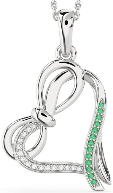 Emerald & Diamond Silver Heart Infinity Bow Necklace