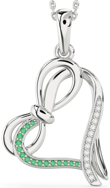 Diamond & Emerald Silver Heart Infinity Bow Necklace