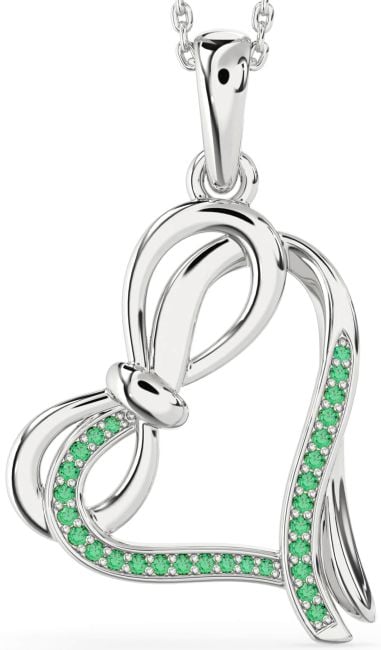 Emerald Silver Heart Infinity Bow Necklace