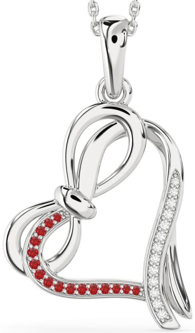 Diamond & Ruby Silver Heart Infinity Bow Necklace