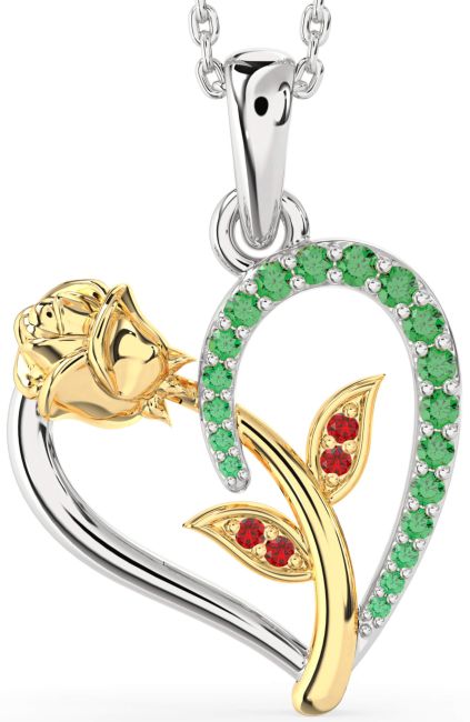 Emerald & Ruby Gold Silver Heart Flower Necklace