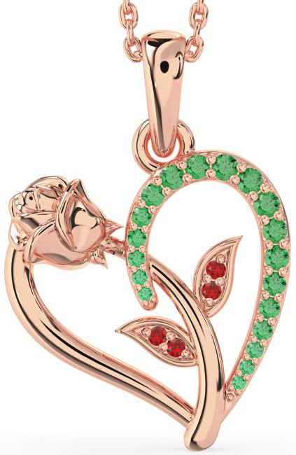 Emerald & Ruby Rose Gold Heart Flower Necklace