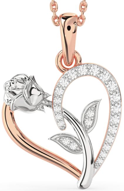 Diamond Platinum & Rose Gold Heart Flower Necklace