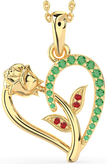 Emerald & Ruby Gold Heart Flower Necklace