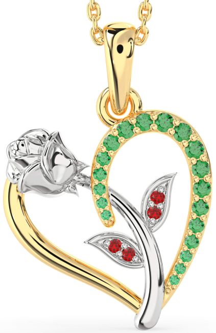 Emerald & Ruby Gold Silver Heart Flower Necklace