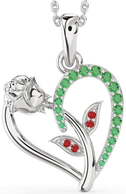 Emerald & Ruby Silver Heart Flower Necklace