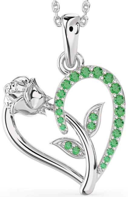 Emerald Silver Heart Flower Necklace