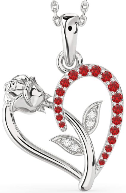 Diamond & Ruby Silver Heart Flower Necklace
